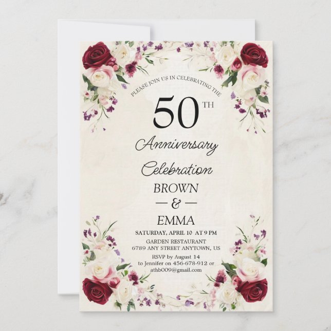 Invitación Elegant 50th Wedding Anniversary Floral Celebratio (Anverso)