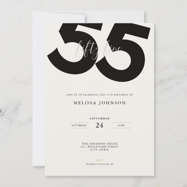 Invitación Elegant 55th Birthday Invitation - Minimal Style (Anverso)