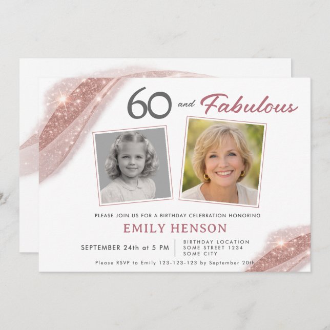 Invitación Elegant 60 and Fabulous Rose Gold Photo Birthday (Anverso / Reverso)