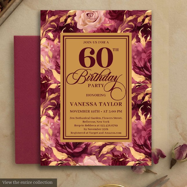 Invitación Elegant 60th Birthday Burgundy Blush Gold Floral  (Watercolor 60th birthday invitation with burgundy and blush roses, gold leaves, and boho style, prof)