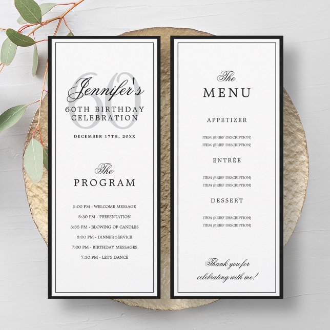 Invitación Elegant 60th Birthday Party Program + Menu  (Elegant 60th Birthday Party Program + Menu)