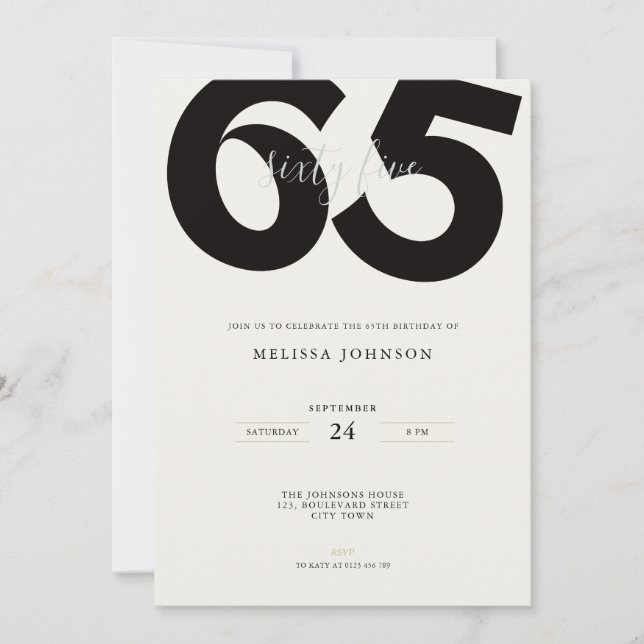 Invitación Elegant 65th Birthday Invitation - Minimal Style (Anverso)