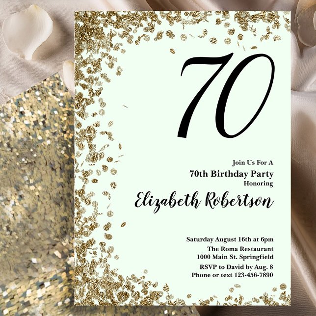 Invitación Elegant 70th Birthday Invitation Green Gold Sequin (Subido por el creador)