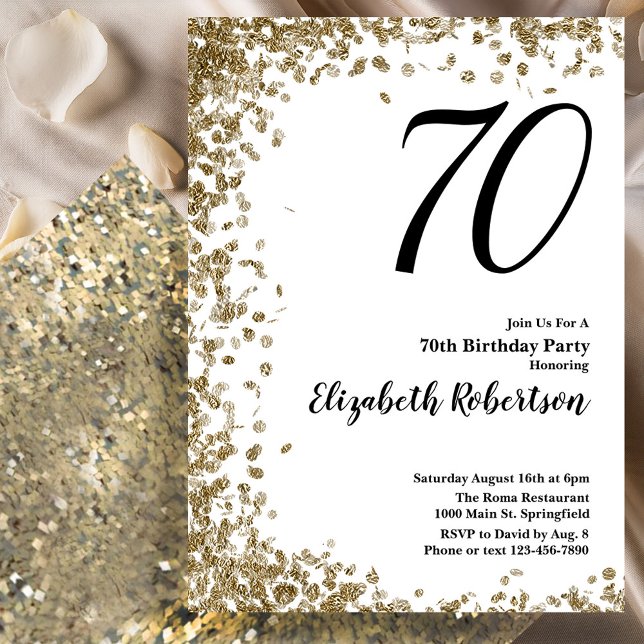 Invitación Elegant 70th Birthday Invitation With Gold Sequins (Subido por el creador)