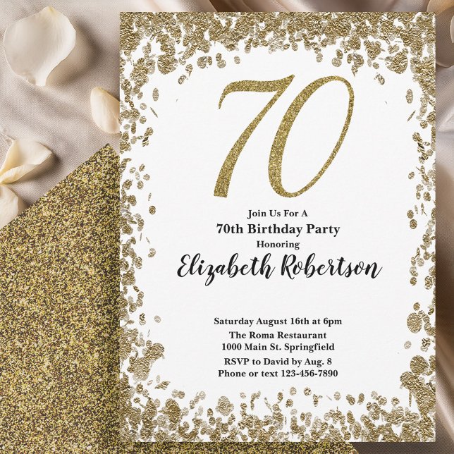 Invitación Elegant 70th Birthday Invitation With Gold Sequins (Subido por el creador)