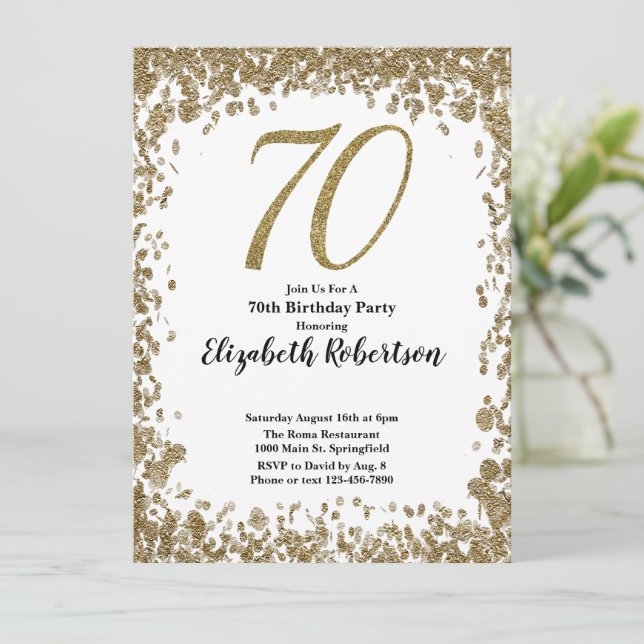 Invitación Elegant 70th Birthday Invitation With Gold Sequins (Anverso de pie)