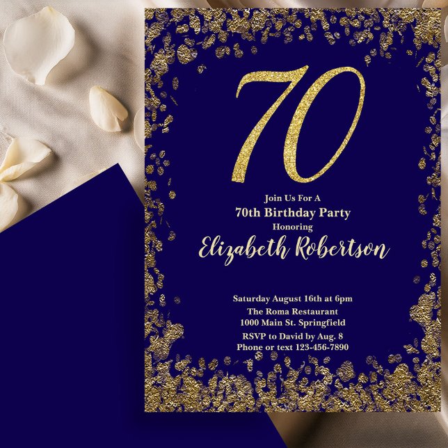 Invitación Elegant 70th Blue Birthday Invitation Gold Sequin (Subido por el creador)