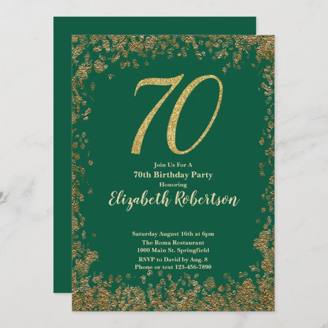 Invitación Elegant 70th Green Birthday Invitation Gold Sequin (Anverso / Reverso)