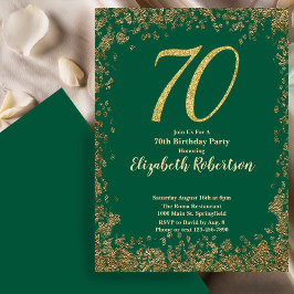 Invitación Elegant 70th Green Birthday Invitation Gold Sequin