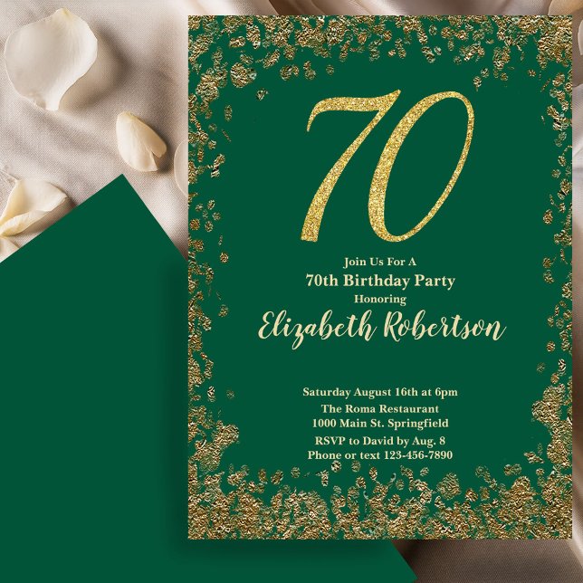 Invitación Elegant 70th Green Birthday Invitation Gold Sequin (Subido por el creador)
