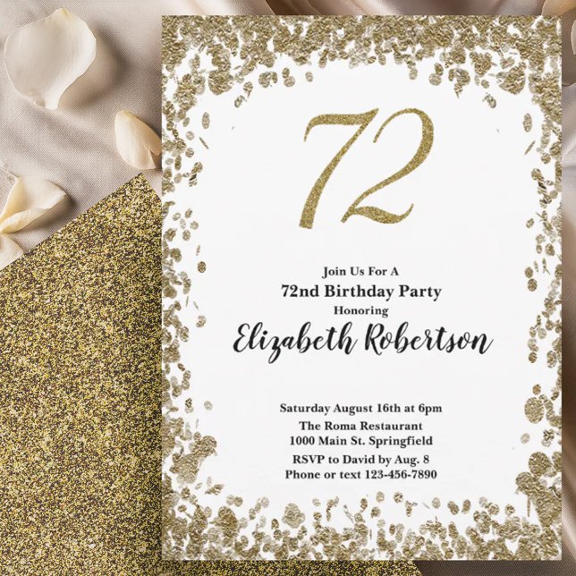 Invitación Elegant 72nd Birthday Invitation With Gold Sequins (Subido por el creador)