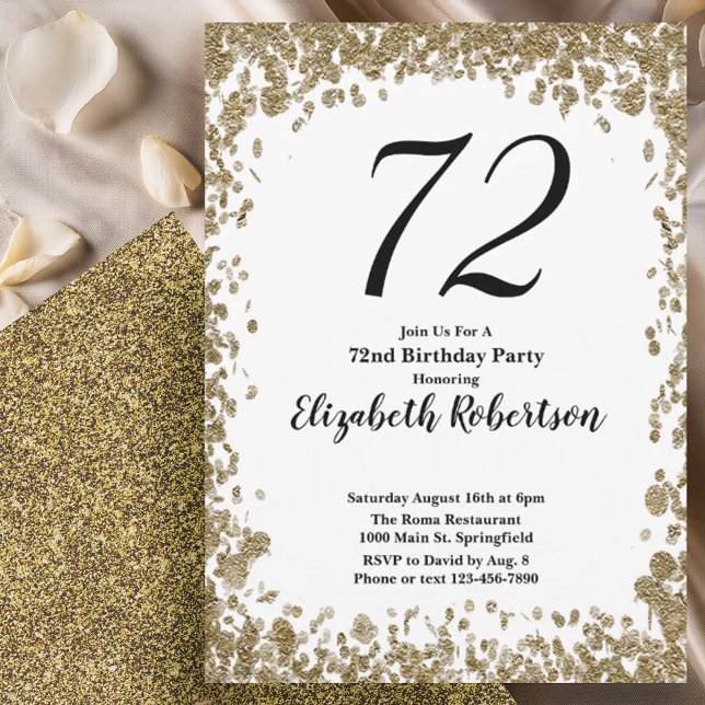 Invitación Elegant 72nd Birthday Invitation With Gold Sequins (Subido por el creador)
