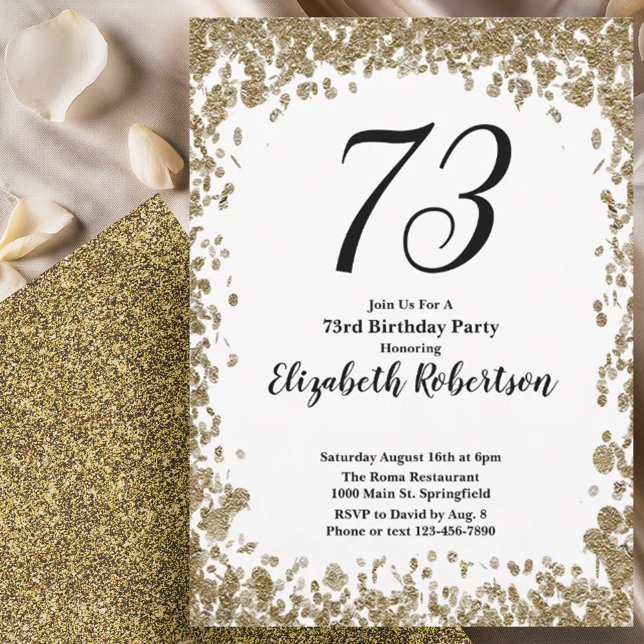 Invitación Elegant 73rd Birthday Invitation With Gold Sequins (Subido por el creador)