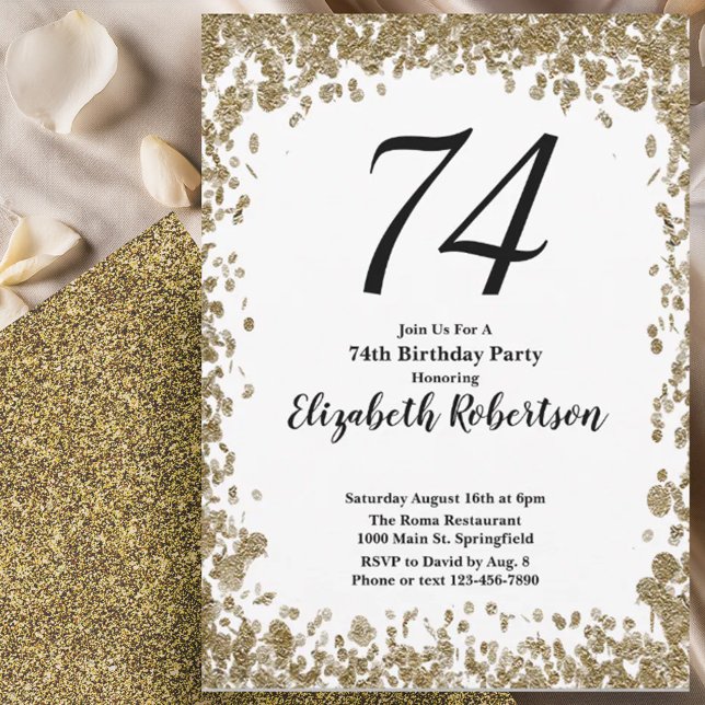Invitación Elegant 74th Birthday Invitation With Gold Sequins (Subido por el creador)