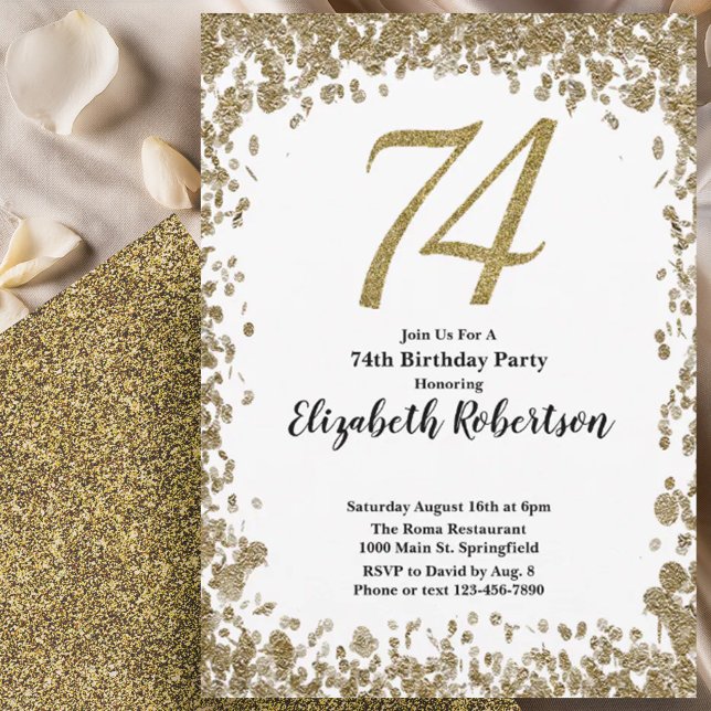 Invitación Elegant 74th Birthday Invitation With Gold Sequins (Subido por el creador)