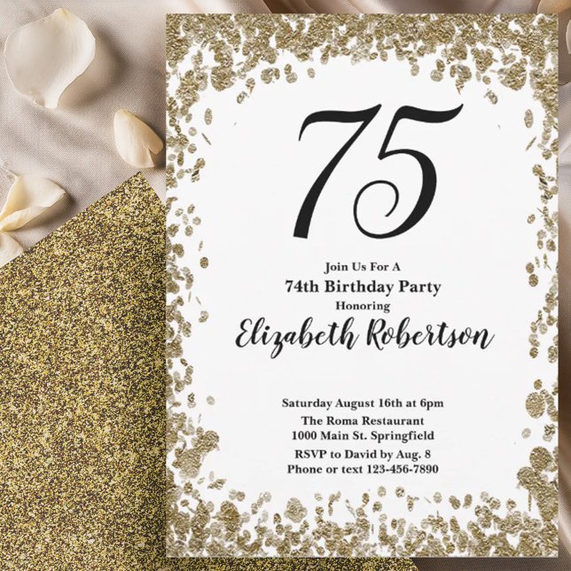 Invitación Elegant 75th Birthday Invitation With Gold Sequins (Subido por el creador)