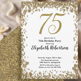 Invitación Elegant 75th Birthday White and Gold Sequin
