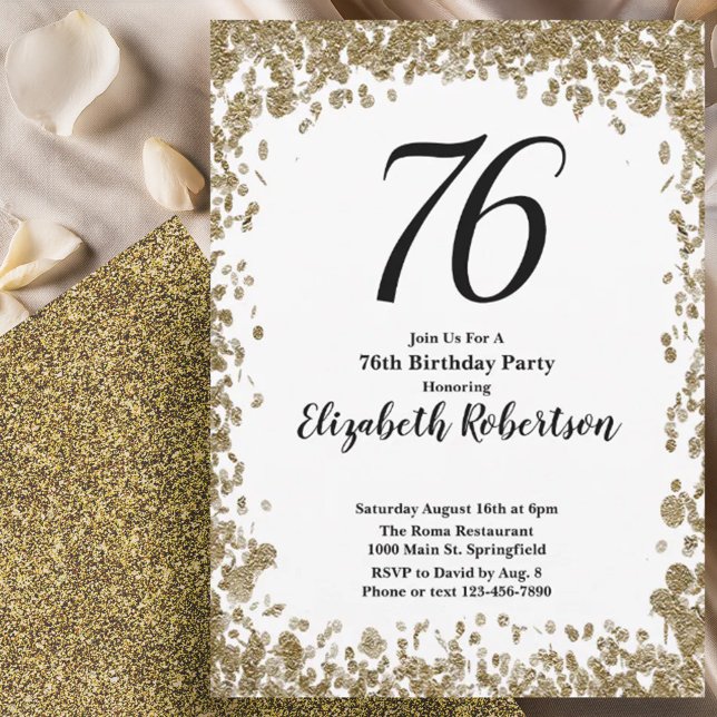 Invitación Elegant 76th Birthday Invitation With Gold Sequins (Subido por el creador)