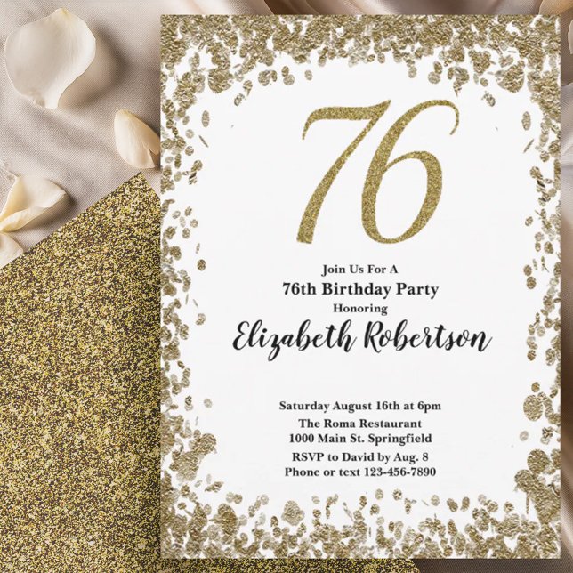 Invitación Elegant 76th Birthday Invitation With Gold Sequins (Subido por el creador)