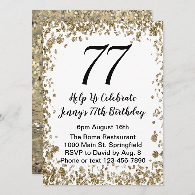 Invitación Elegant 77th Birthday Invitation in black and gold (Anverso / Reverso)