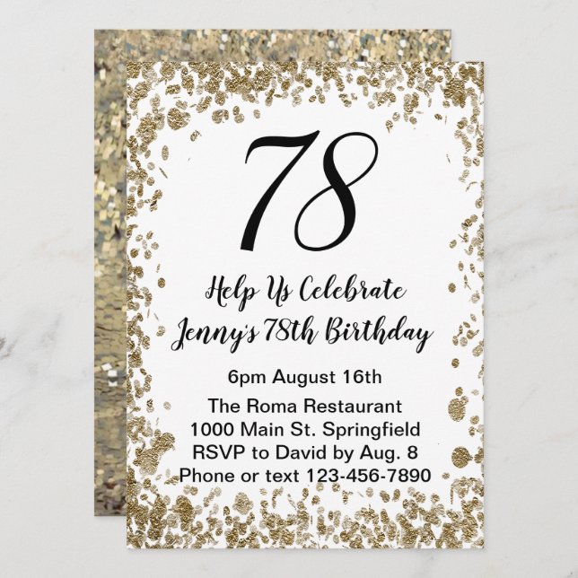 Invitación Elegant 78th Birthday Invitation in black and gold (Anverso / Reverso)