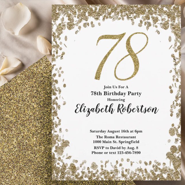 Invitación Elegant 78th Birthday Invitation With Gold Sequins (Subido por el creador)