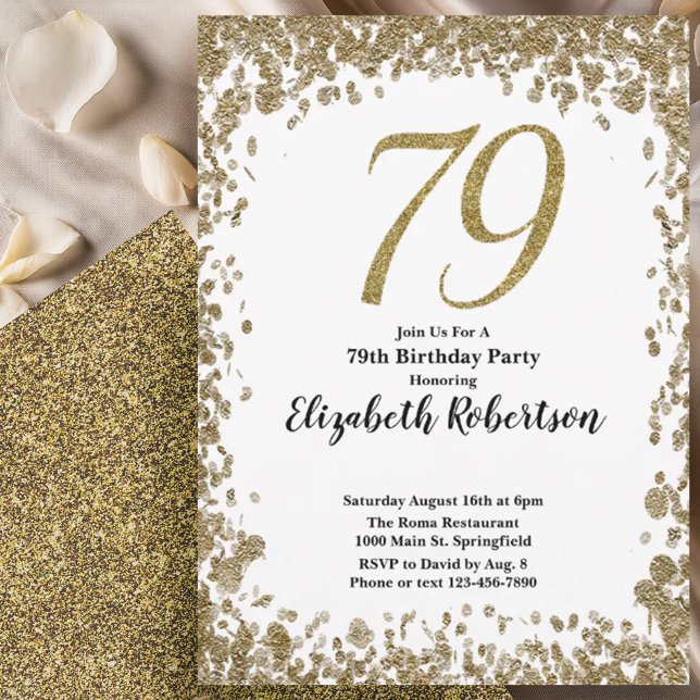 Invitación Elegant 79th Birthday Invitation With Gold Sequins (Subido por el creador)