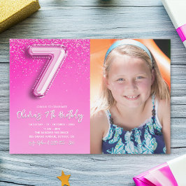 Invitación Elegant 7th Birthday girl with photo Numer Ballon