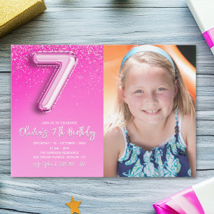 Invitación Elegant 7th Birthday girl with photo Numer Ballon