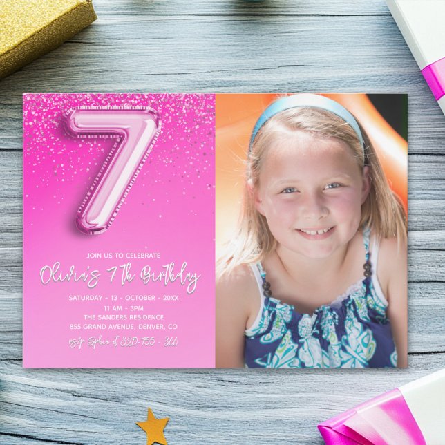 Invitación Elegant 7th Birthday girl with photo Numer Ballon (Subido por el creador)