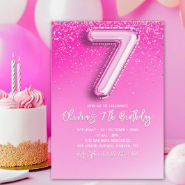 Invitación Elegant 7th Birthday Girl with Pink Number Balloon