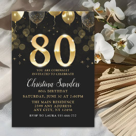 Invitación Elegant 80th Birthday Invitation with Gold Ballons