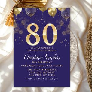Invitación Elegant 80th Birthday Invitation with Gold Ballons