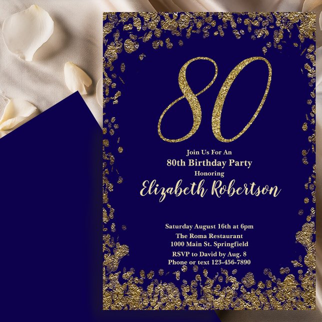 Invitación Elegant 80th Blue Birthday Invitation Gold Sequin (Subido por el creador)
