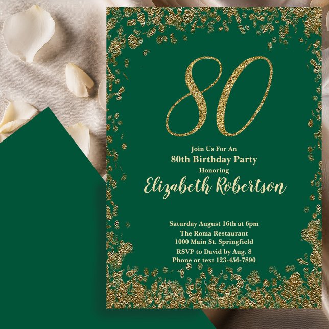 Invitación Elegant 80th Green Birthday Invitation Gold Sequin (Subido por el creador)