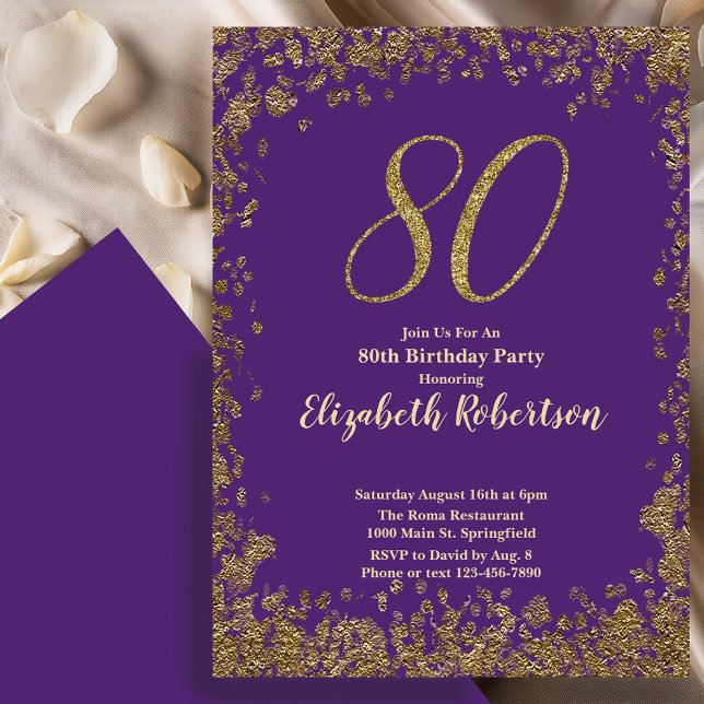 Invitación Elegant 80th Purple Birthday Invitation Gold  (Subido por el creador)