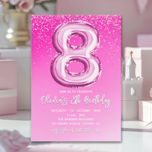 Invitación Elegant 8th Birthday Pink Number Balloon