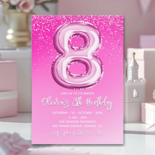 Invitación Elegant 8th Birthday Pink Number Balloon (Subido por el creador)