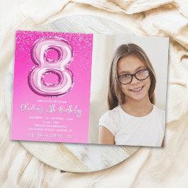 Invitación Elegant 8th Birthday Pink Number Balloon with phot