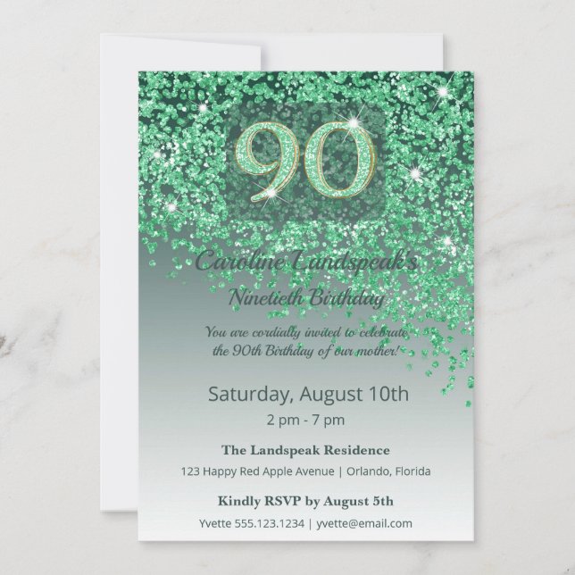 Invitación Elegant 90th Birthday Emerald Green Glitter  (Anverso)