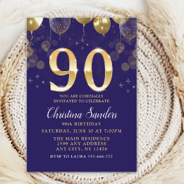 Invitación Elegant 90th Birthday Invitation with Gold Glitter