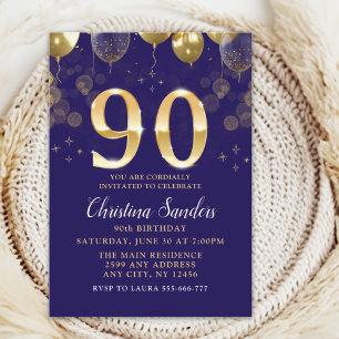 Invitación Elegant 90th Birthday Invitation with Gold Glitter