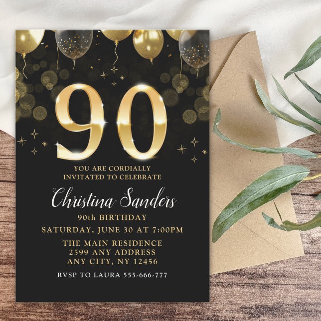 Invitación Elegant 90th Birthday Invitation with Gold Glitter (Subido por el creador)