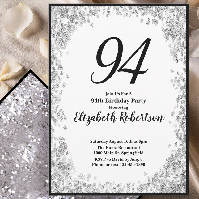 Invitación Elegant 94th Birthday Invitation For Her in Silver (Subido por el creador)