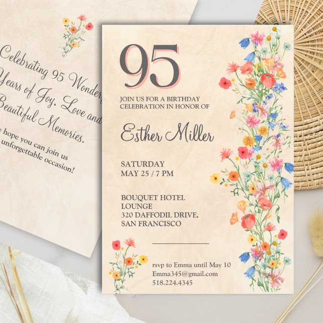Invitación Elegant 95th Birthday - Wildflower Design 95 Years (Subido por el creador)