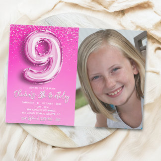 Invitación Elegant 9th Birthday girl with photo Numer Ballon