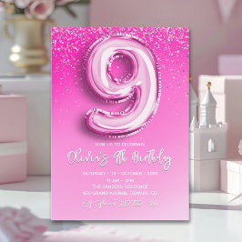 Invitación Elegant 9th Birthday Girl with Pink Number Balloon