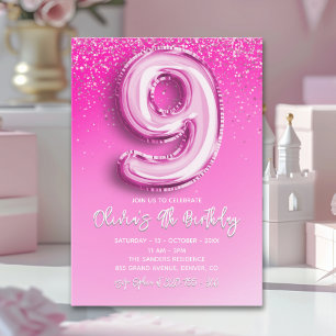 Invitación Elegant 9th Birthday Girl with Pink Number Balloon