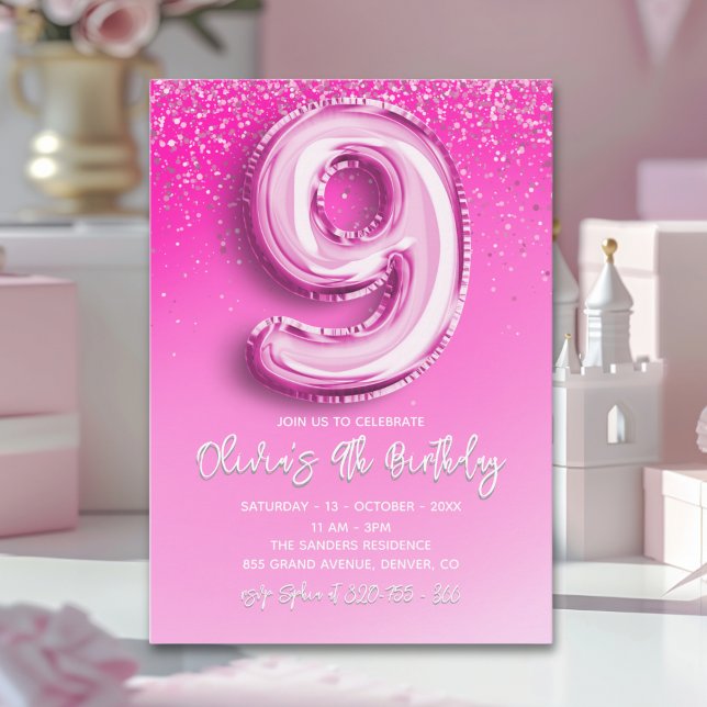 Invitación Elegant 9th Birthday Girl with Pink Number Balloon (Subido por el creador)