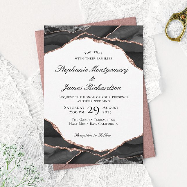 Invitación Elegant Agate Black White Rose Gold Foil Wedding (Subido por el creador)